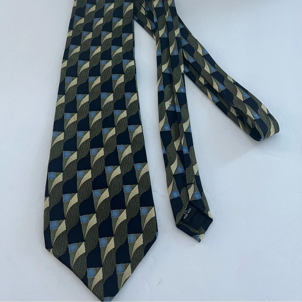 Facets Abstract Green And Blue Print 100% Silk Tie